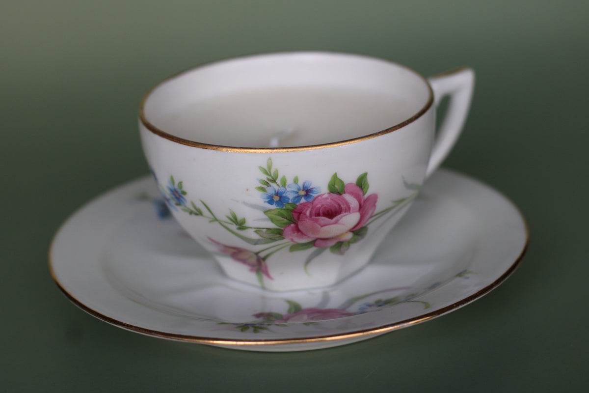 Bougie vintage fleurs roses et bleues
